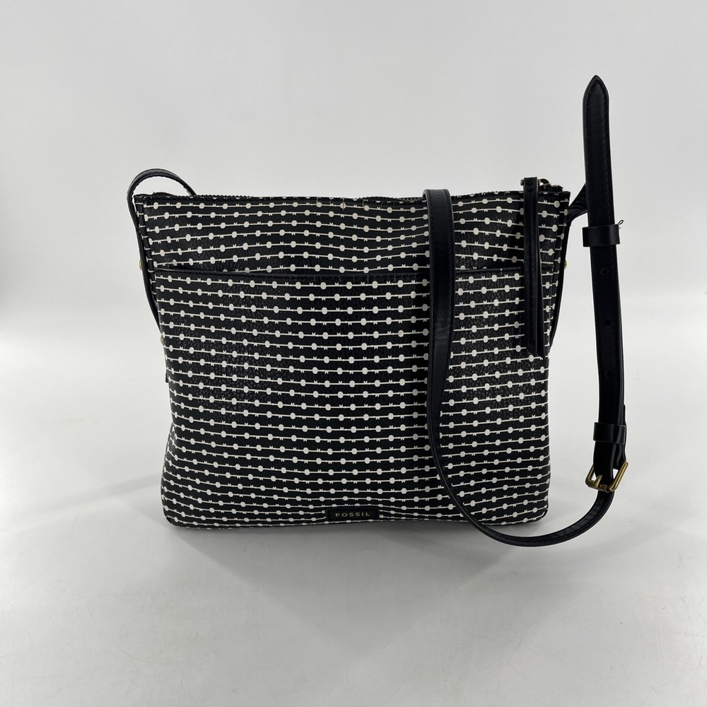 Fossil Fiona Large Crossbody Allover Geometric Dot Striped Black White Dot Dash